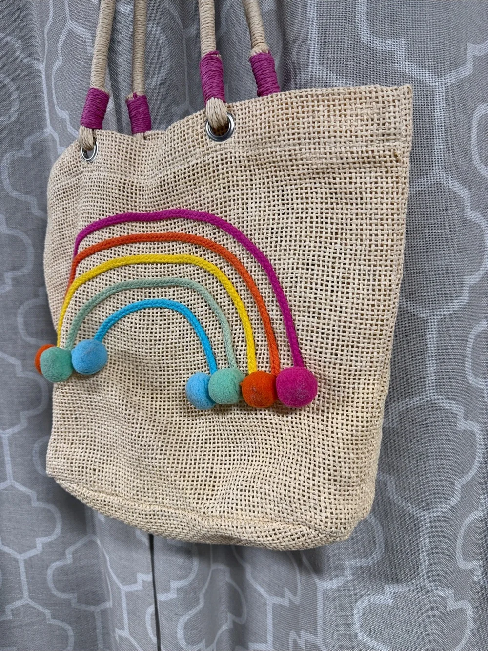 Capelli of New York Cream Straw Tote with Rainbow Embroidery and Pom-Poms